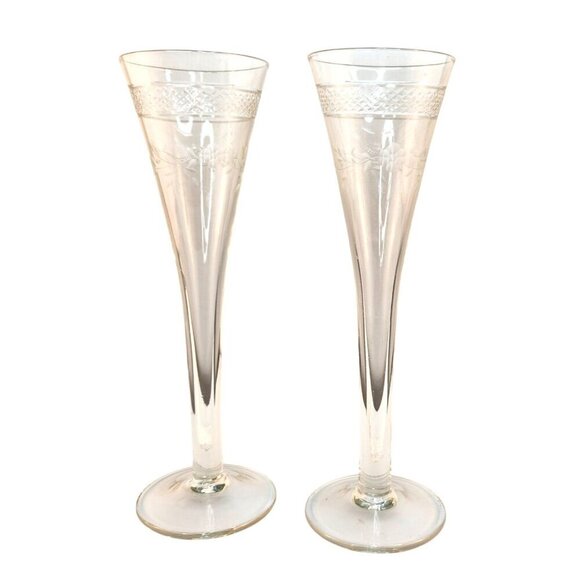 Vintage Crystal Etched Champagne Flutes Set Of 2 With Floral & Diamond Cut Desig - Picture 1 of 9